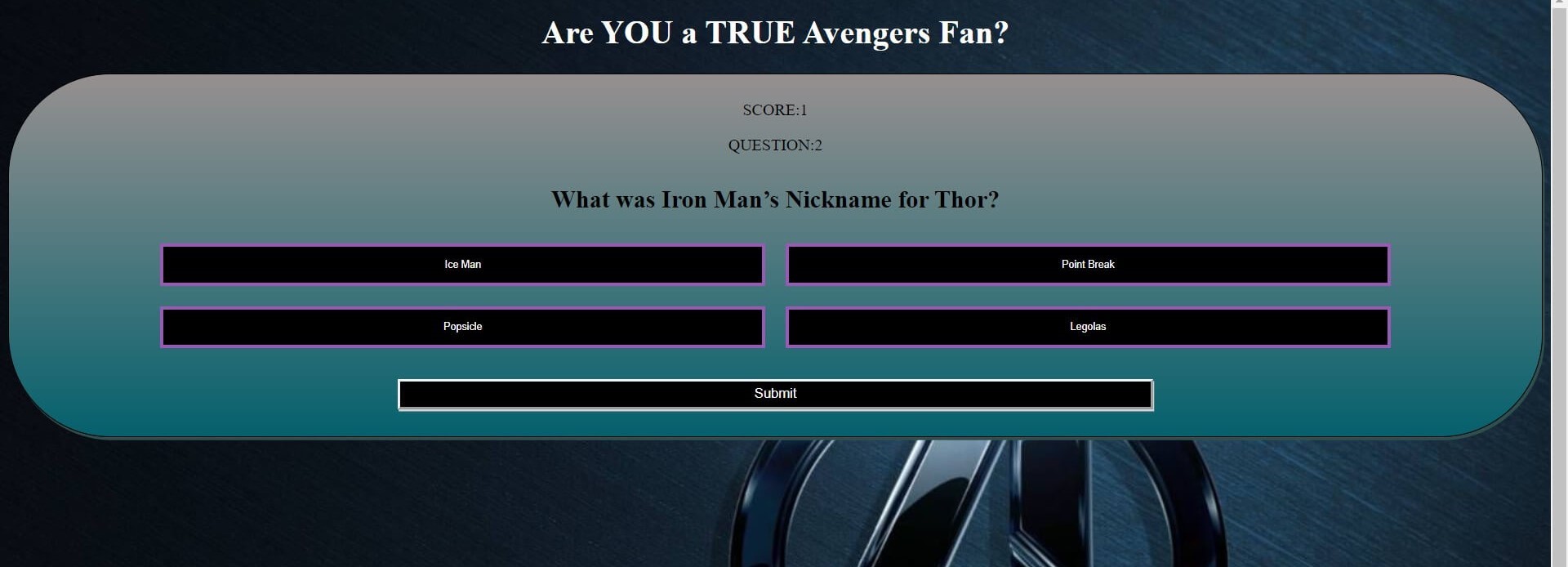 Screenshot of my working Avengers-Quiz app